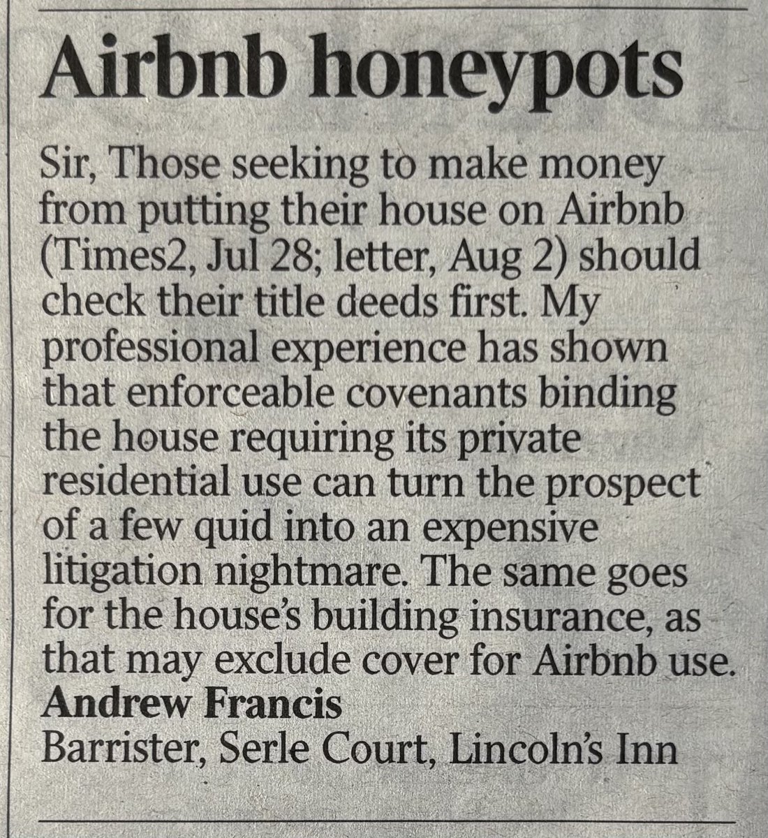 The B&B Association (@bandbassoc) on Twitter photo A barrister warns in <a href="/thetimes/">The Times and The Sunday Times</a> today that #Airbnb lets may be illegal (under covenants in the deeds), & uninsured (household insurance does not cover public liability for paying guests).
Much better to stay in a proper B&B with experienced hosts & a lovely home-cooked breakfast: A barrister warns in <a href="/thetimes/">The Times and The Sunday Times</a> today that #Airbnb lets may be illegal (under covenants in the deeds), & uninsured (household insurance does not cover public liability for paying guests).
Much better to stay in a proper B&B with experienced hosts & a lovely home-cooked breakfast: