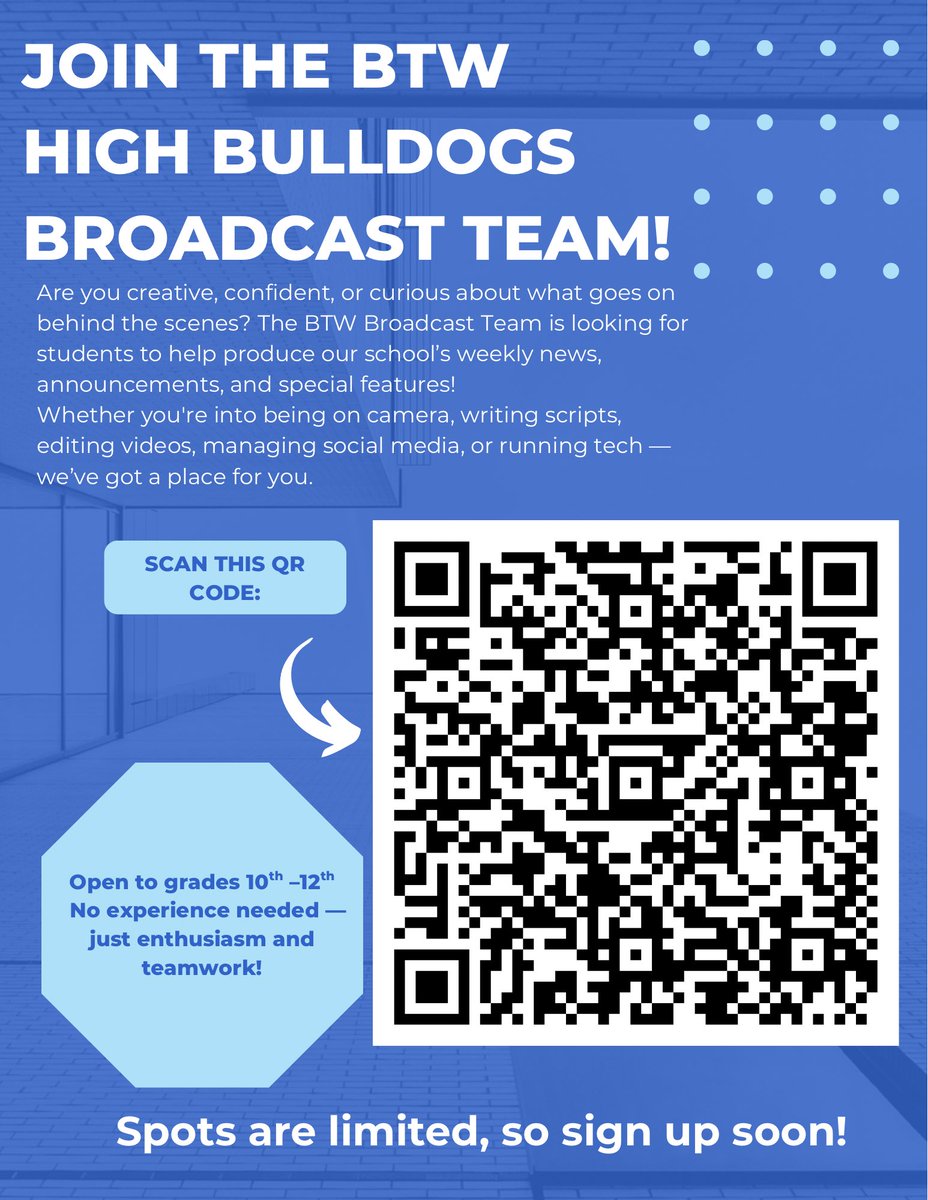“Ready to be the Voice of the School? Join the Broadcast Squad &amp; Make Some Noise!”

Scan the QR Code or see Ms. Rice in the Media Center ! 🎥📸📹🤳🏾📽️
#btwsquad #whyhi #apsbest