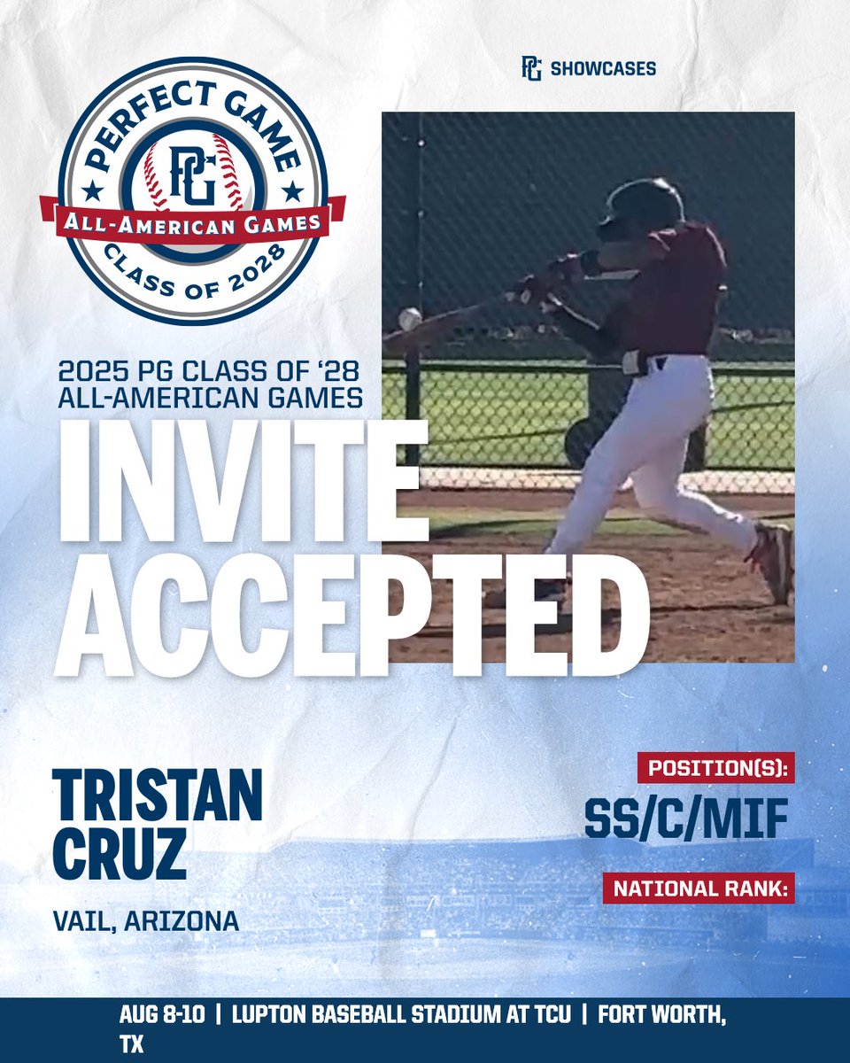 PG Showcases (@pgshowcases) on Twitter photo 🚨INVITE ACCEPTED🚨
Just 2️⃣ days remaining until the 2025 PG Class of 2028 All American Games in Fortworth, TX‼️🔥
<a href="/PG_FourCorners/">Perfect Game Four Corners</a> <a href="/PerfectGameUSA/">Perfect Game USA</a> 🚨INVITE ACCEPTED🚨
Just 2️⃣ days remaining until the 2025 PG Class of 2028 All American Games in Fortworth, TX‼️🔥
<a href="/PG_FourCorners/">Perfect Game Four Corners</a> <a href="/PerfectGameUSA/">Perfect Game USA</a>