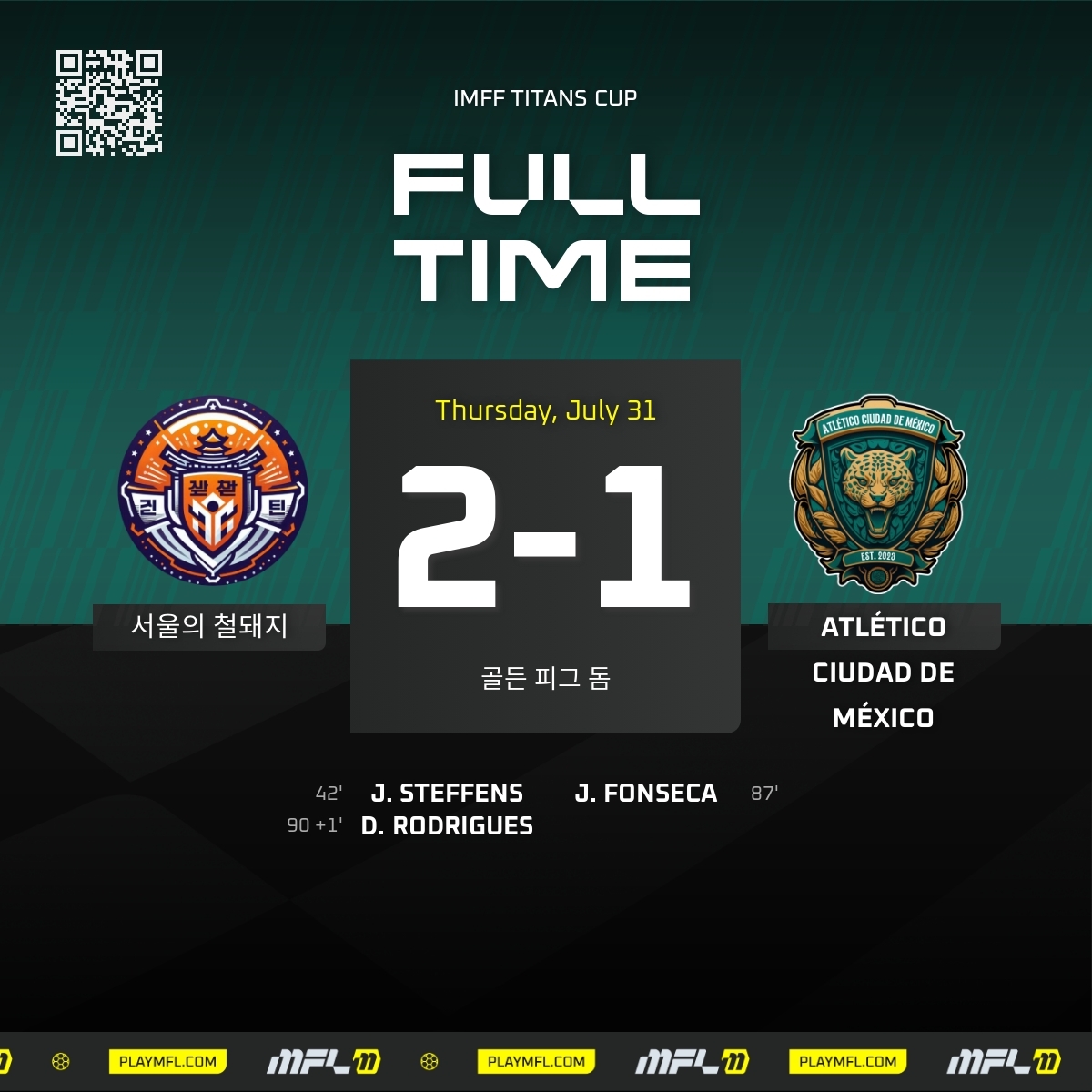 Full time in group play.
A 2-1 loss to 서울의 철돼지.
Our lone goal came from Juventino Fonseca, but it wasn’t enough on the day.

#OntheHunt #AtléticoCDMX #Web3Gaming <a href="/playMFL/">MFL</a> <a href="/MFLdiamond/">MFL Diamond League</a> #FootballManager