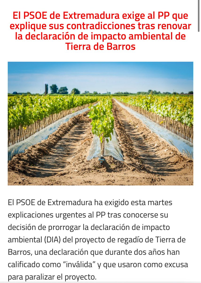 Manuel Mejias Tapia (@mejiastapia) on Twitter photo Comienzo de “traca” del tercer consejero de <a href="/MundoRural_EXT/">Consejería de Gestión Forestal y Mundo Rural</a>.
Cambio de opinión del Gobierno de @MguardiolaM.
Durante 2 años han dicho que la DIA del regadío de Tierra de Barros no era válida.
Ahora la prorrogan.
¿ Nos toman por idiotas a los extremeños el <a href="/ppextremadura/">Partido Popular de Extremadura</a> ? Comienzo de “traca” del tercer consejero de <a href="/MundoRural_EXT/">Consejería de Gestión Forestal y Mundo Rural</a>.
Cambio de opinión del Gobierno de @MguardiolaM.
Durante 2 años han dicho que la DIA del regadío de Tierra de Barros no era válida.
Ahora la prorrogan.
¿ Nos toman por idiotas a los extremeños el <a href="/ppextremadura/">Partido Popular de Extremadura</a> ?