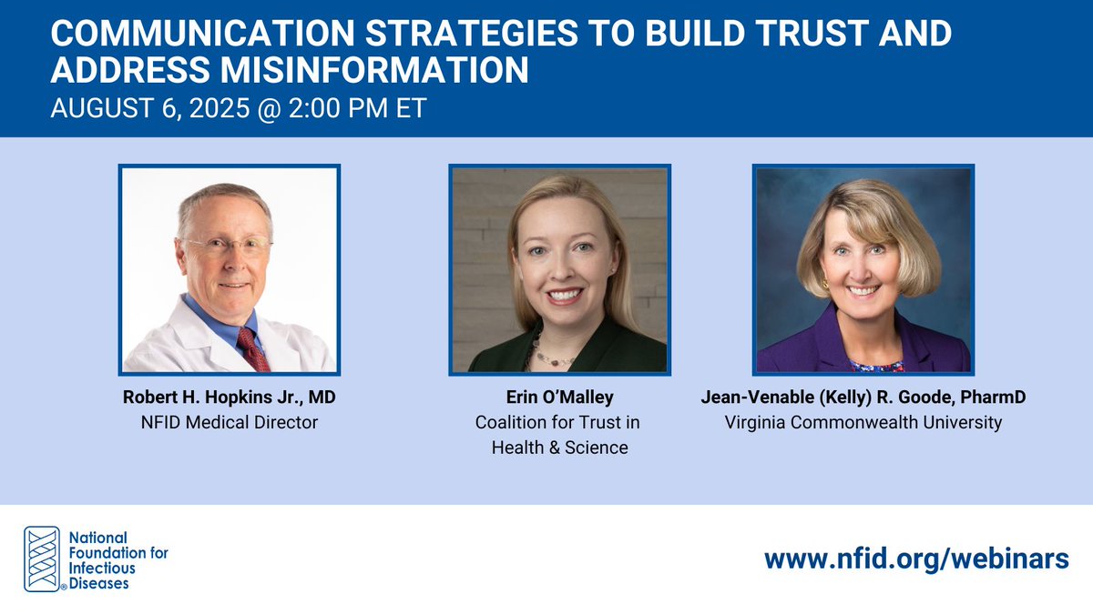 1️⃣ day left to register for #NFID #CME webinar on 8/6/25 at 2 PM ET on Communication Strategies to Build Trust and Address Misinformation, co-hosted by the Coalition for Trust in Health &amp; Science

Register now: ow.ly/orIG50Wy9rj