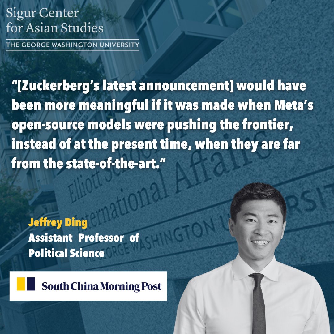 Assistant Professor of Political Science Jeffrey Ding was interviewed for "The South China Morning Post" about changes to Meta's policies regarding its AI models and the US competition over AI with China. Read the article here: ow.ly/giwi50WAfOj