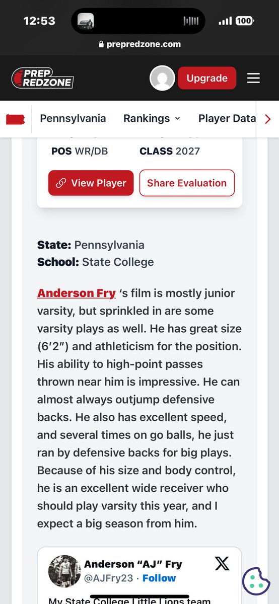 Anderson “AJ” Fry (@ajfry23) on Twitter photo Thank you for taking the time to evaluate me. I’m hoping for a big season for me and my teammates…
<a href="/footballcoach79/">coachweider</a>
<a href="/PRZVicCastillo/">VicCastilloPRZ</a> <a href="/PrepRedzone/">Prep Redzone 🏈</a> <a href="/SCoachLintal/">Coach Matt Lintal</a>
<a href="/statehighfball/">State College Football</a> Thank you for taking the time to evaluate me. I’m hoping for a big season for me and my teammates…
<a href="/footballcoach79/">coachweider</a>
<a href="/PRZVicCastillo/">VicCastilloPRZ</a> <a href="/PrepRedzone/">Prep Redzone 🏈</a> <a href="/SCoachLintal/">Coach Matt Lintal</a>
<a href="/statehighfball/">State College Football</a>