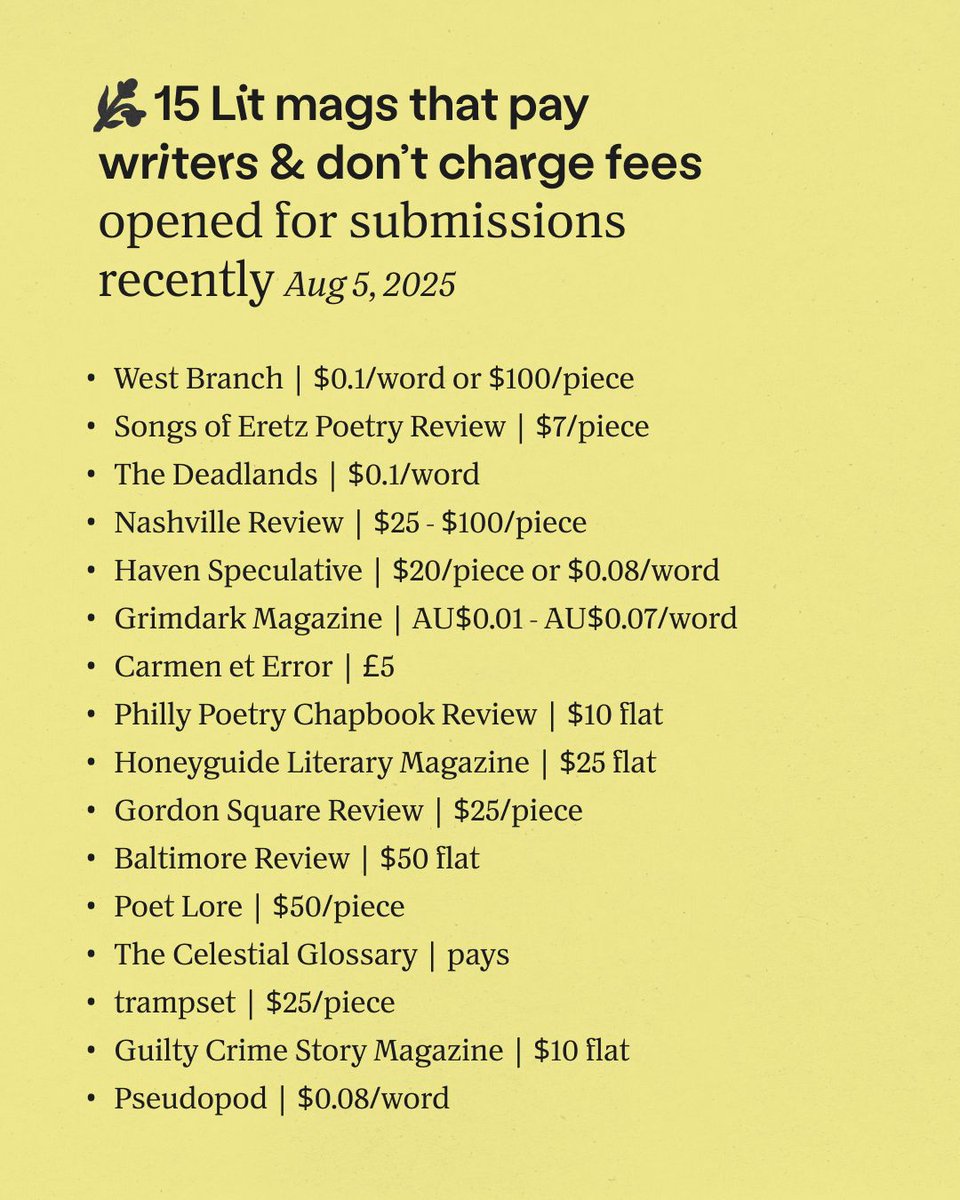 Some places to send your writing this week, or next week, or never but its fine because we love you anyway 🖤

To submit: chillsubs.com/lists/Recently…

#writingcommunity