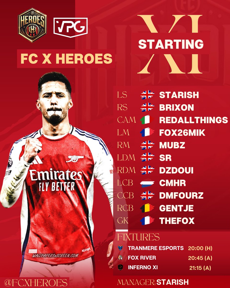 FC x Heroes⚽️🎮 (@fcxheroes) on Twitter photo VPG Starting XI
Tuesday ⚽️
🆚<a href="/TRFCesports/">Tranmere Rovers Esports</a>🏴
🆚<a href="/FoxRiver10_/">Fox River</a> 🇪🇺
🆚<a href="/st_vf15095/">Infeno XI</a> 🇪🇺
<a href="/VPGUK/">VPG UK Leagues</a> <a href="/VPGEurope/">Virtual Pro Gaming | Europe</a> <a href="/OfficialVPG/">Virtual Pro Gaming</a> #FC25 #ProClubs VPG Starting XI
Tuesday ⚽️
🆚<a href="/TRFCesports/">Tranmere Rovers Esports</a>🏴
🆚<a href="/FoxRiver10_/">Fox River</a> 🇪🇺
🆚<a href="/st_vf15095/">Infeno XI</a> 🇪🇺
<a href="/VPGUK/">VPG UK Leagues</a> <a href="/VPGEurope/">Virtual Pro Gaming | Europe</a> <a href="/OfficialVPG/">Virtual Pro Gaming</a> #FC25 #ProClubs
