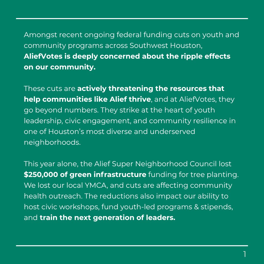 AliefVotes's tweet image. Federal funding cuts are hitting home, here in Alief. 

We’re calling on leaders, funders, and YOU to see the human cost. Help us fight back and build the future Alief deserves! 🌱🗳️

🔗 Support us at bit.ly/aliefvotes-don…
#YouthPower #CivicEngagement #AliefVotes