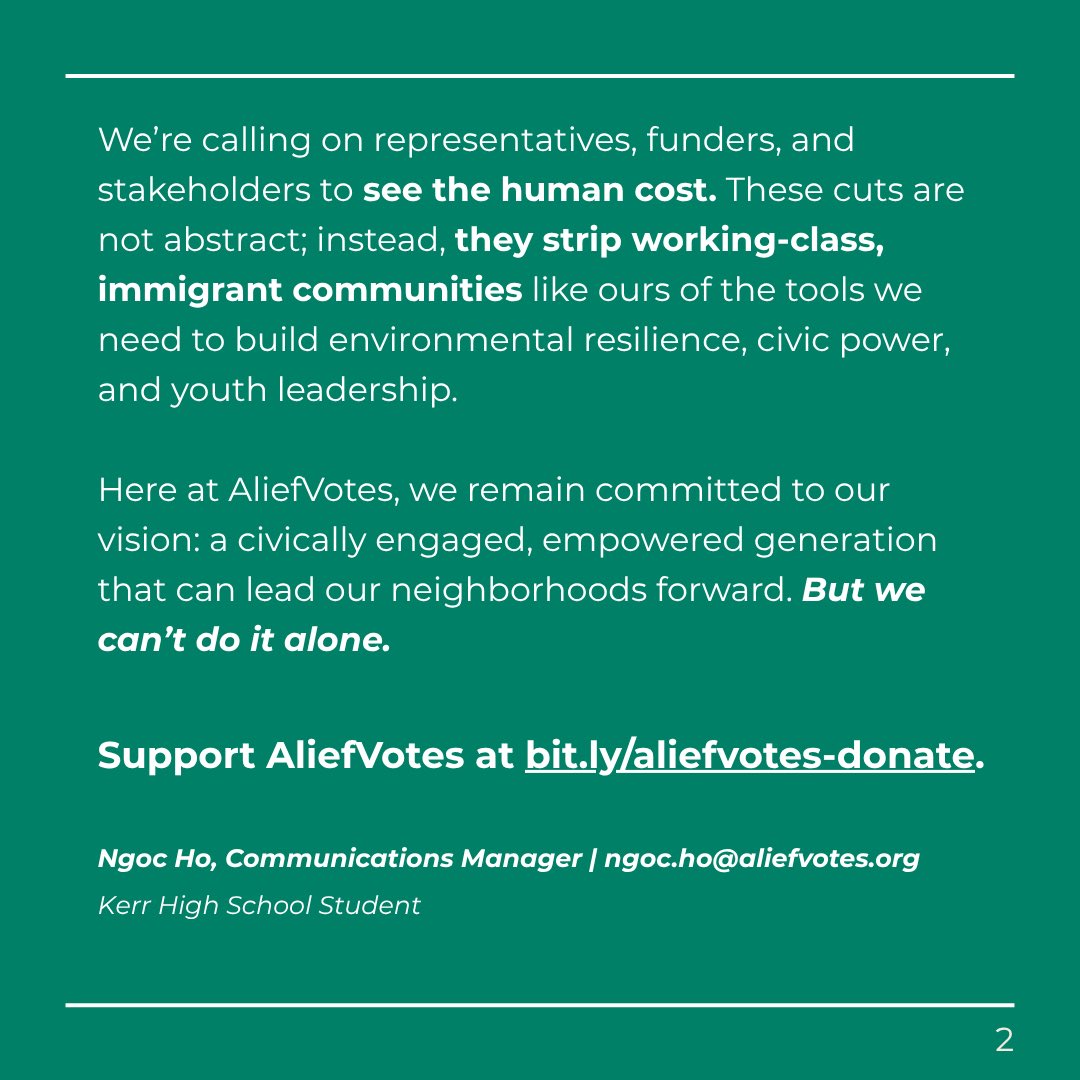 AliefVotes's tweet image. Federal funding cuts are hitting home, here in Alief. 

We’re calling on leaders, funders, and YOU to see the human cost. Help us fight back and build the future Alief deserves! 🌱🗳️

🔗 Support us at bit.ly/aliefvotes-don…
#YouthPower #CivicEngagement #AliefVotes