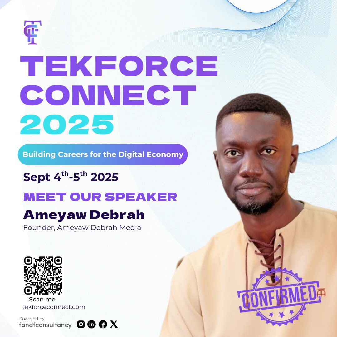 🚨 SPEAKER ALERT: TFC 2025 🚨
<a href="/AmeyawDebrah/">Ameyaw Debrah</a>  Debrah—award-winning blogger &amp; media icon—is joining TekForce Connect 2025! 🌍
Get inspired by his journey in African digital media.
📅 Sept 4–5
🔗 tekforceconnect.com/register
💬 Comment “TFC” for info
#TFC2025 #FandFConsultancy