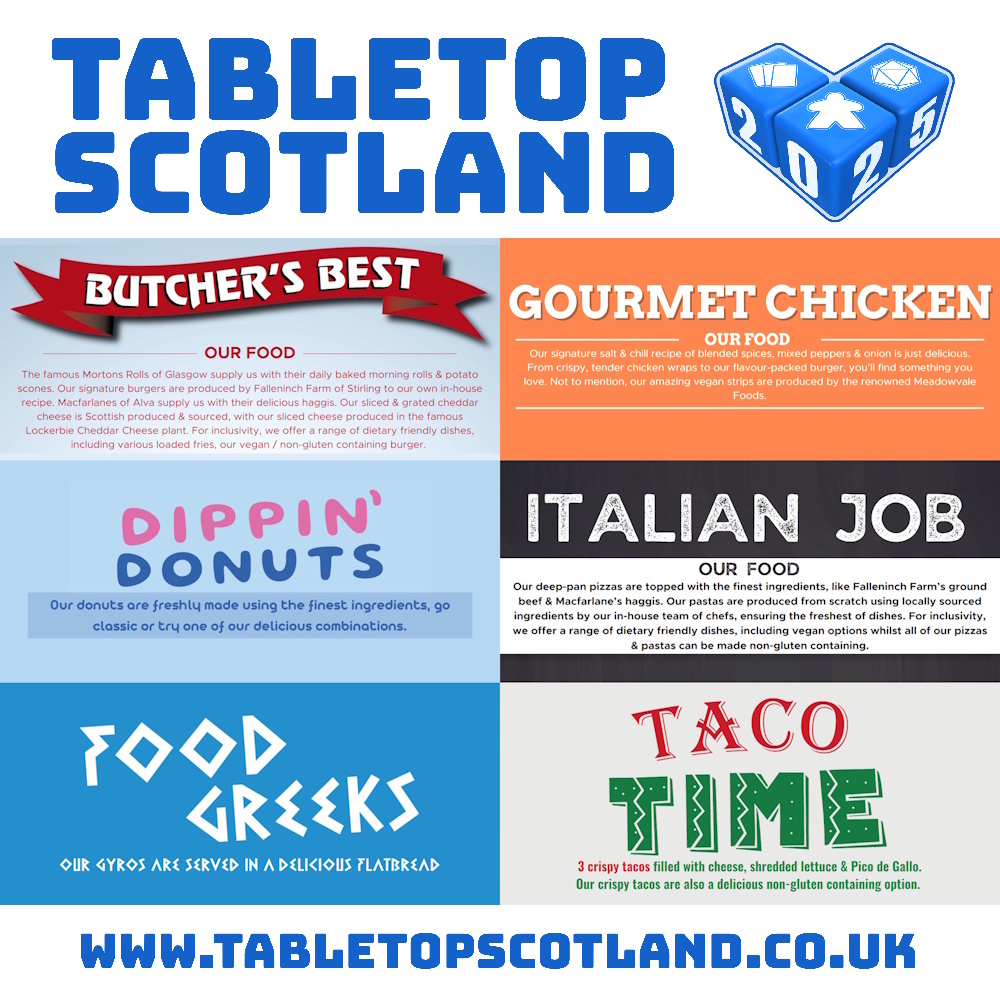 FOOD!
When you're at a convention you want options. This year we have worked hard to ensure that the food trucks at the convention offer a broad selection and cater for gluten free, vegetarian and vegan across the range. We hope you enjoy them!
#TTS2025 #BoardGames #RPG #TTRPG
