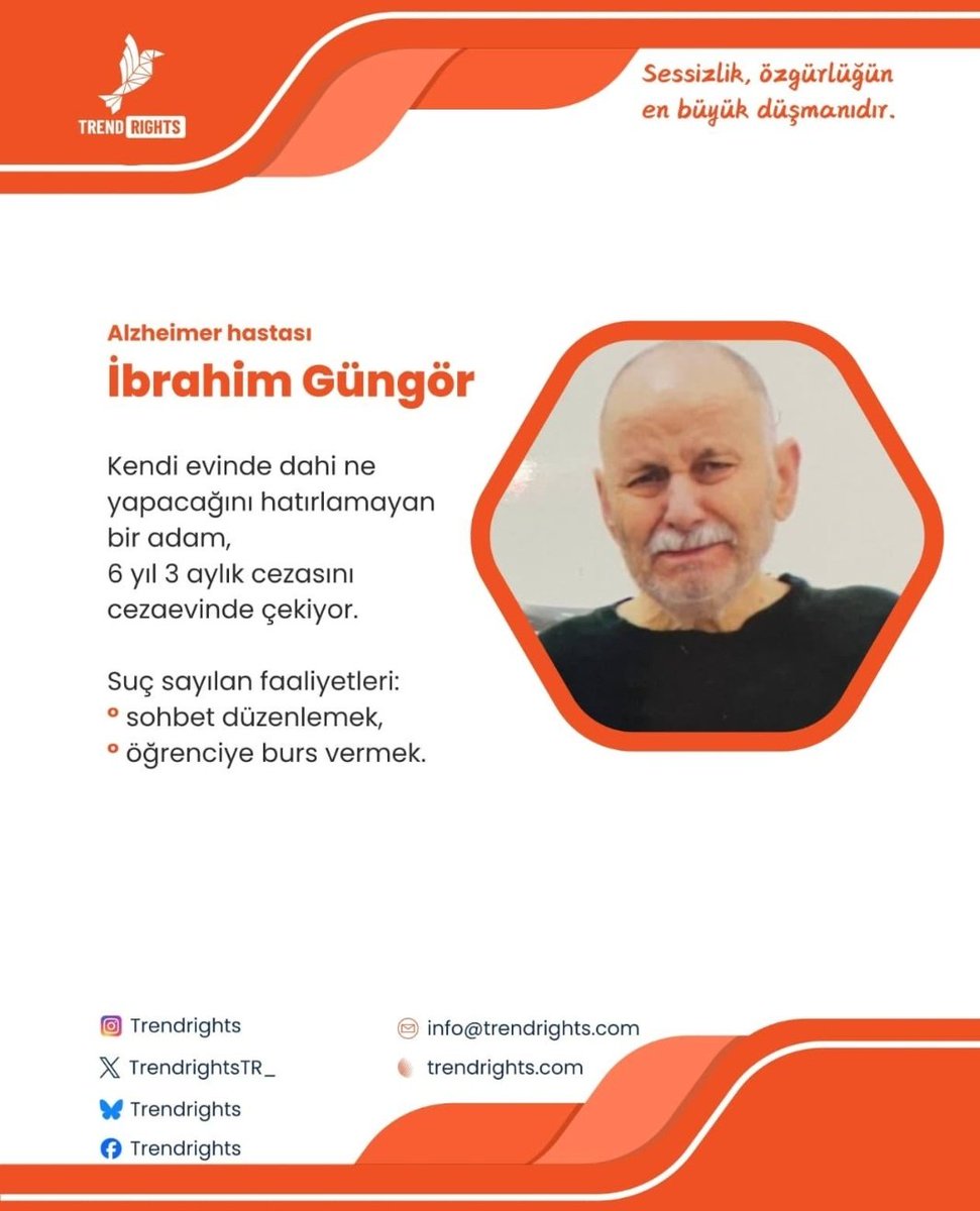 İbrahim Güngör, ağır Alzheimer hastası.
6 yıl 3 ay hapis cezası almış, şu an cezaevinde.
Kendi hayatını hatırlayamayan bir insan, nasıl ceza çekebilir?
<a href="/adalet_bakanlik/">T.C. Adalet Bakanlığı</a>
<a href="/ADLITIPKURUMU/">Adli Tıp Kurumu</a>
<a href="/AliYerlikaya/">Ali Yerlikaya</a>
İbrahimGüngör İnsanlıkBekliyor