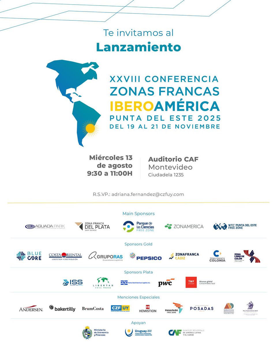 La Cámara de Zonas Francas del Uruguay invita a sus socios al evento exclusivo de lanzamiento de la XXVIII Conferencia de Zonas Francas de Iberoamérica 🌍
📅 Miércoles 13 de agosto 9:30hs Montevideo - Uruguay 
Confirmar asistencia.
#EventoSocios #ExclusivoSocios #CZFUY