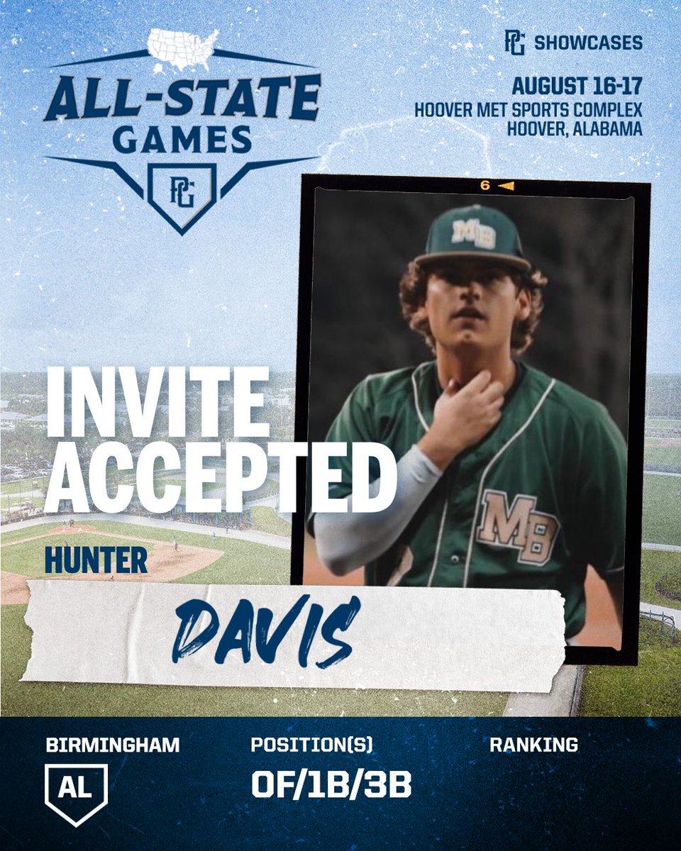 PG Deep South (@pg_deepsouth) on Twitter photo π¨INVITE ACCEPTEDπ¨
Hunter Davis (AL) has accepted his invitation to head to the 2025 PG Deep South All-State Games in Hoover, AL! π₯
<a href="/PGShowcases/">PG Showcases</a> <a href="/PerfectGameUSA/">Perfect Game USA</a> π¨INVITE ACCEPTEDπ¨
Hunter Davis (AL) has accepted his invitation to head to the 2025 PG Deep South All-State Games in Hoover, AL! π₯
<a href="/PGShowcases/">PG Showcases</a> <a href="/PerfectGameUSA/">Perfect Game USA</a>