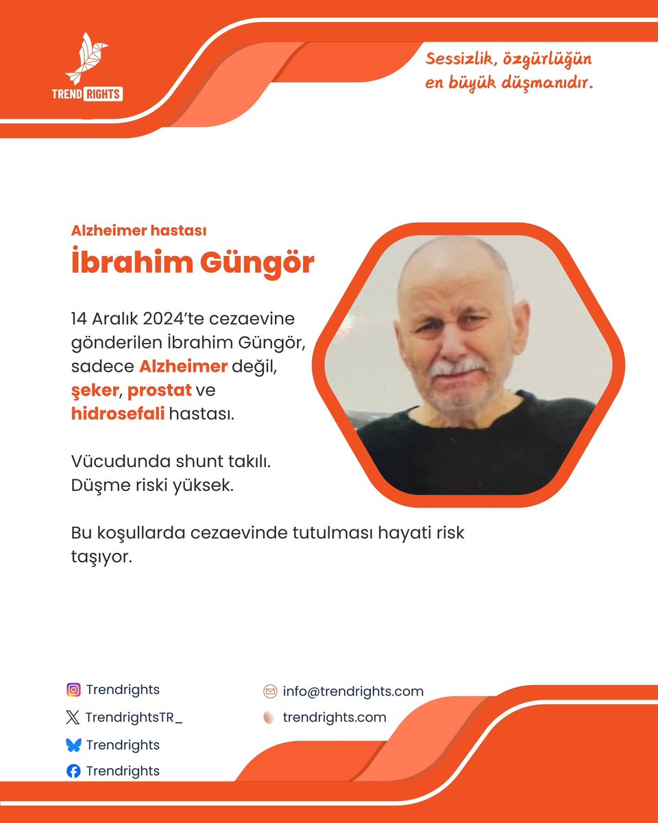 Alzheimer hastası bir insan cezaevinde.
Şeker, prostat ve hidrosefali hastası.
Düşme riski yüksek.
İnfaz ertelenmedi.

İbrahimGüngör İnsanlıkBekliyor