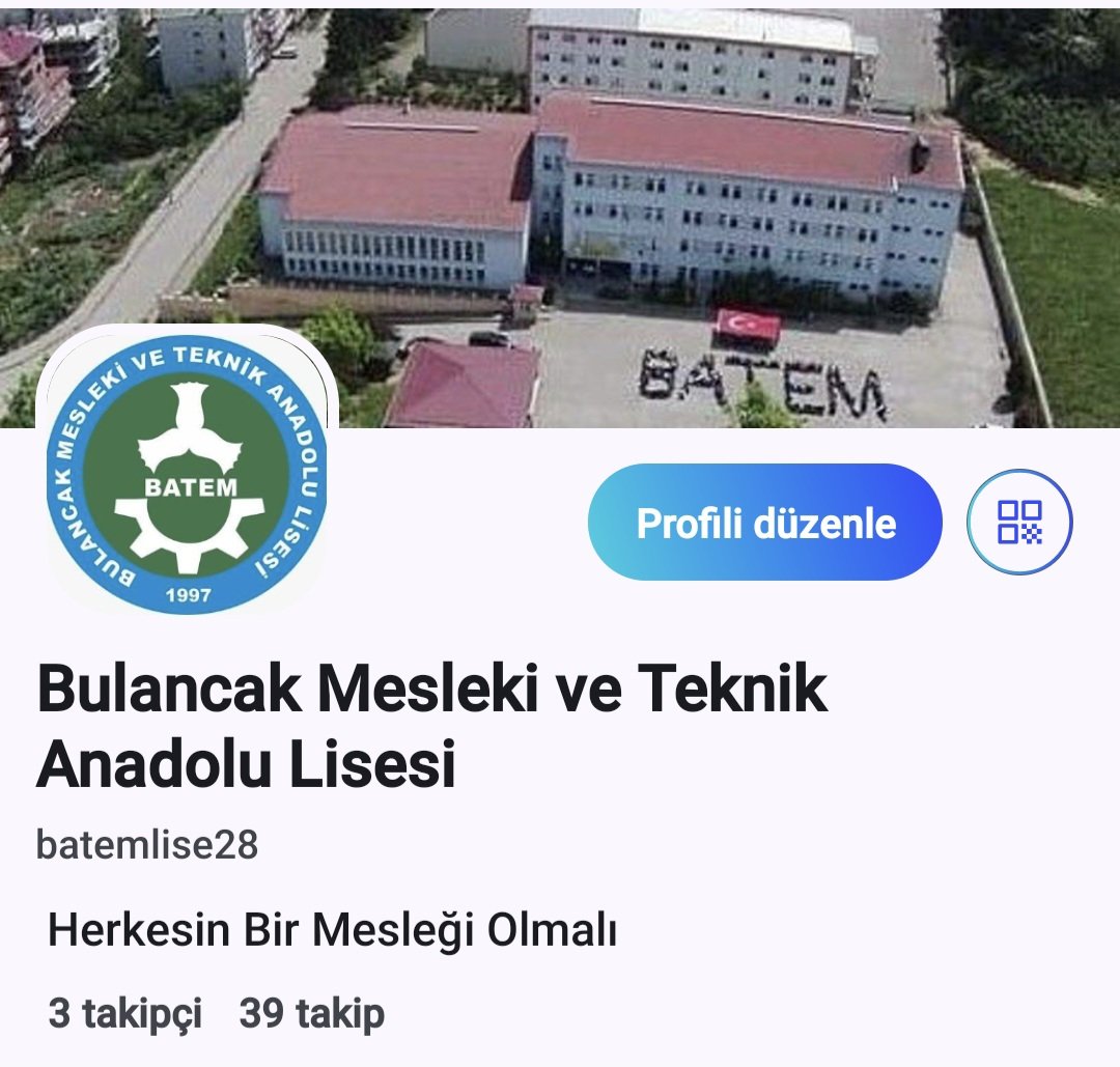sosyal.teknofest.app/<a href="/batemlise28/">Bulancak MTAL (BATEM)</a>
Biz de @nextsosyal platformunda yerimizi aldık.
Bulancak Mesleki ve Teknik Anadolu Lisesi BATEM resmî hesabıdır. @batemlise28