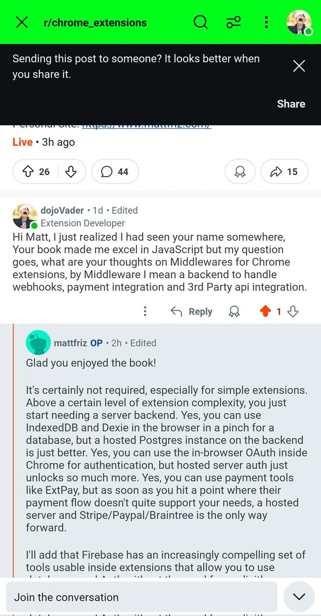 Chrome Extension AMA Reddit I asked a question about middlewares for Chrome.