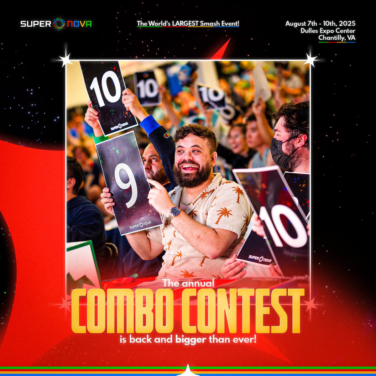 SuperSmashCon's tweet image. Supernova 2025 kicks off THIS Thursday with the Annual 64 Combo Contest!

Featuring:
@RazztheTerrible 
@Huntsman_Fox 
@ComboBlaze 
@tyloren_ 
and @sextc_iXi!

Be sure to tune in at 7pm ET, it's gonna be a good one ✨