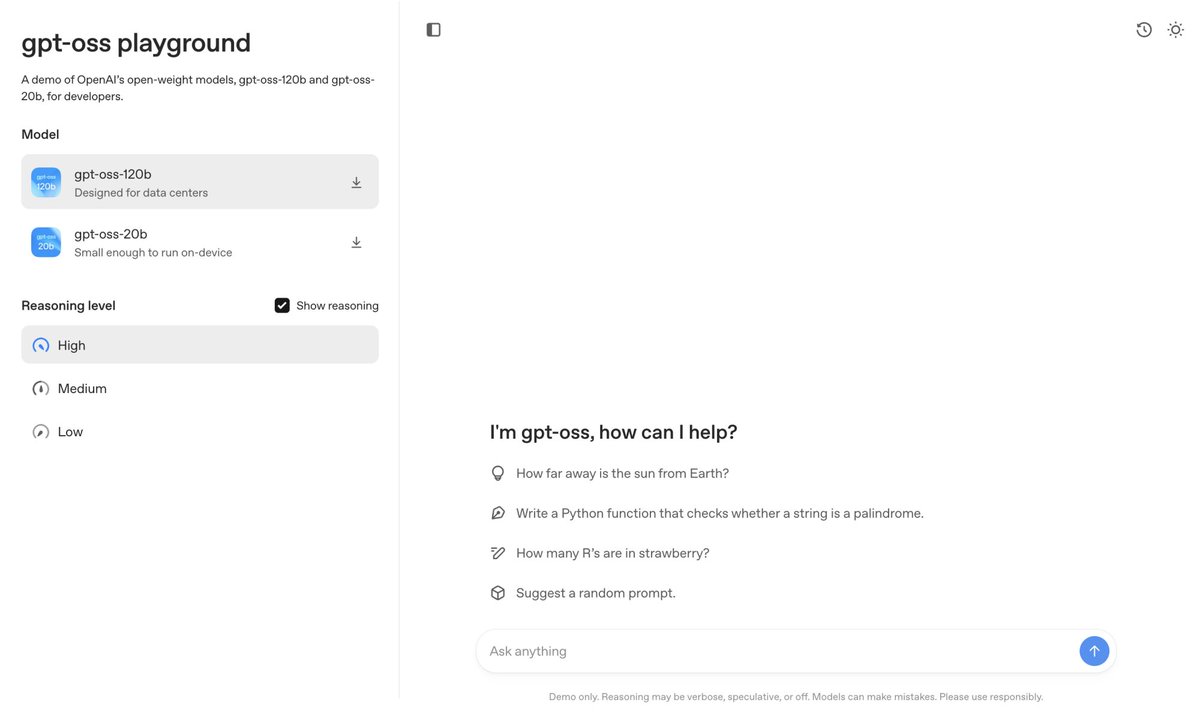 Romain Huet (@romainhuet) on Twitter photo We built a gpt-oss developer playground so you can try the models right away:
β’ Choose your model and set the reasoning effort ποΈ
β’ See the modelβs raw chain-of-thought for debugging and research π§
β’ Get a handful of free messages, and sign in with <a href="/huggingface/">Hugging Face</a> for more π€ We built a gpt-oss developer playground so you can try the models right away:
β’ Choose your model and set the reasoning effort ποΈ
β’ See the modelβs raw chain-of-thought for debugging and research π§
β’ Get a handful of free messages, and sign in with <a href="/huggingface/">Hugging Face</a> for more π€