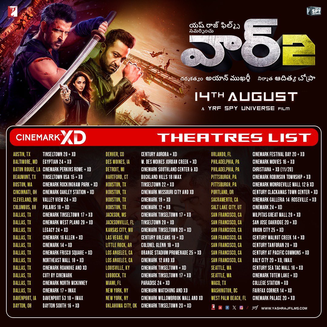 Nandamurifans.com (@nandamurifans) on Twitter photo Exclusive #WAR2 XD locations list
Watch out for Early Premiere Shows 4:15pm CST/5:15pm EST
<a href="/Cinemark/">Cinemark Theatres</a> <a href="/tarak9999/">Jr NTR</a> <a href="/iHrithik/">Hrithik Roshan</a>
#NTRvsHrithik Exclusive #WAR2 XD locations list
Watch out for Early Premiere Shows 4:15pm CST/5:15pm EST
<a href="/Cinemark/">Cinemark Theatres</a> <a href="/tarak9999/">Jr NTR</a> <a href="/iHrithik/">Hrithik Roshan</a>
#NTRvsHrithik