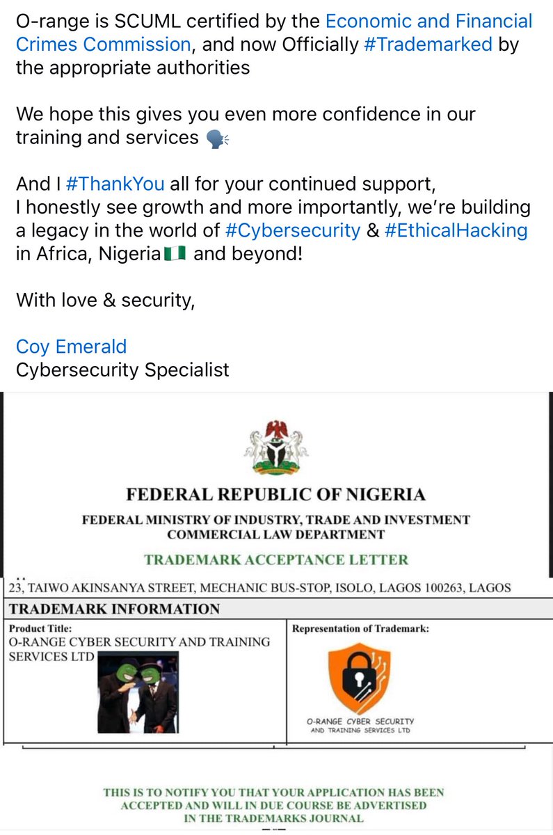 Coy Emerald (Yunus) π³π¬πΊπ¦ (@coyemerald1) on Twitter photo Proud to officially share that <a href="/o_cyberservices/">O-range Cybersecurity Services</a> is now TRADEMARKED!
With love & security,
<a href="/CoyEmerald1/">Coy Emerald (Yunus) π³π¬πΊπ¦</a>
Cybersecurity Specialist Proud to officially share that <a href="/o_cyberservices/">O-range Cybersecurity Services</a> is now TRADEMARKED!
With love & security,
<a href="/CoyEmerald1/">Coy Emerald (Yunus) π³π¬πΊπ¦</a>
Cybersecurity Specialist