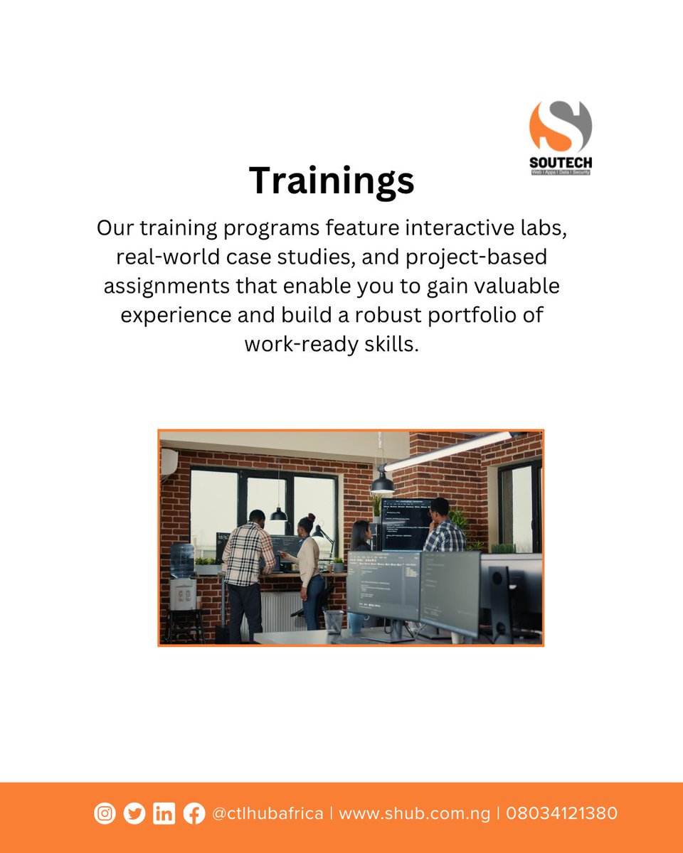 ctlhubafrica's tweet image. Empower yourself with practical skills and build a robust portfolio! Our trainings at Soutech feature interactive labs, real-world case studies, and project-based assignments to make you work-ready. 🚀
#Soutech #Training #Skills #CareerGrowth #WorkReady
