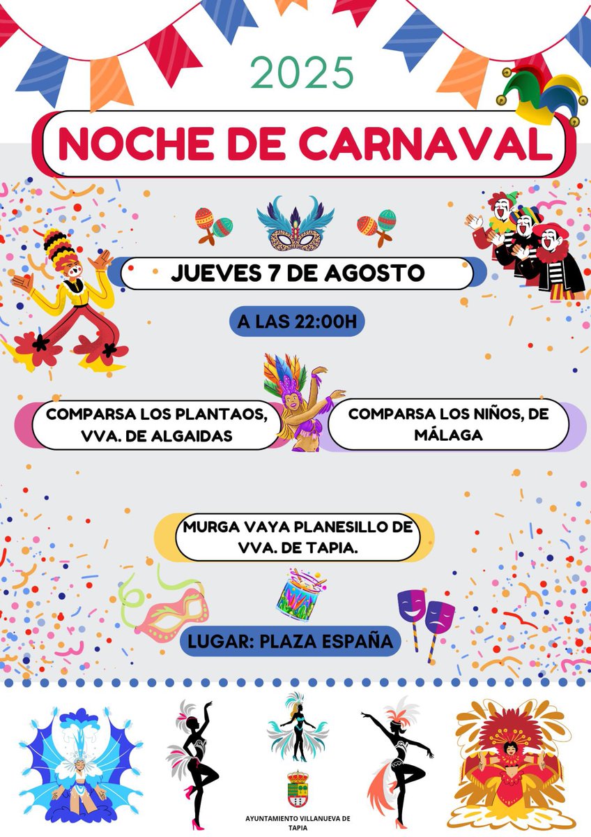 La Comparsa de los Niños (@comparsaninos) on Twitter photo ❤️NOS VEMOS EL JUEVES
🗓️07.08 | Vva. De Tapia
⏰22:00
📍Plaza España, Vva. De Tapia
➡️ Estaremos junto a <a href="/LosPlantaos/">Comparsa Los Plantaos</a> y la Murga “Vaya planesillo” ❤️NOS VEMOS EL JUEVES
🗓️07.08 | Vva. De Tapia
⏰22:00
📍Plaza España, Vva. De Tapia
➡️ Estaremos junto a <a href="/LosPlantaos/">Comparsa Los Plantaos</a> y la Murga “Vaya planesillo”