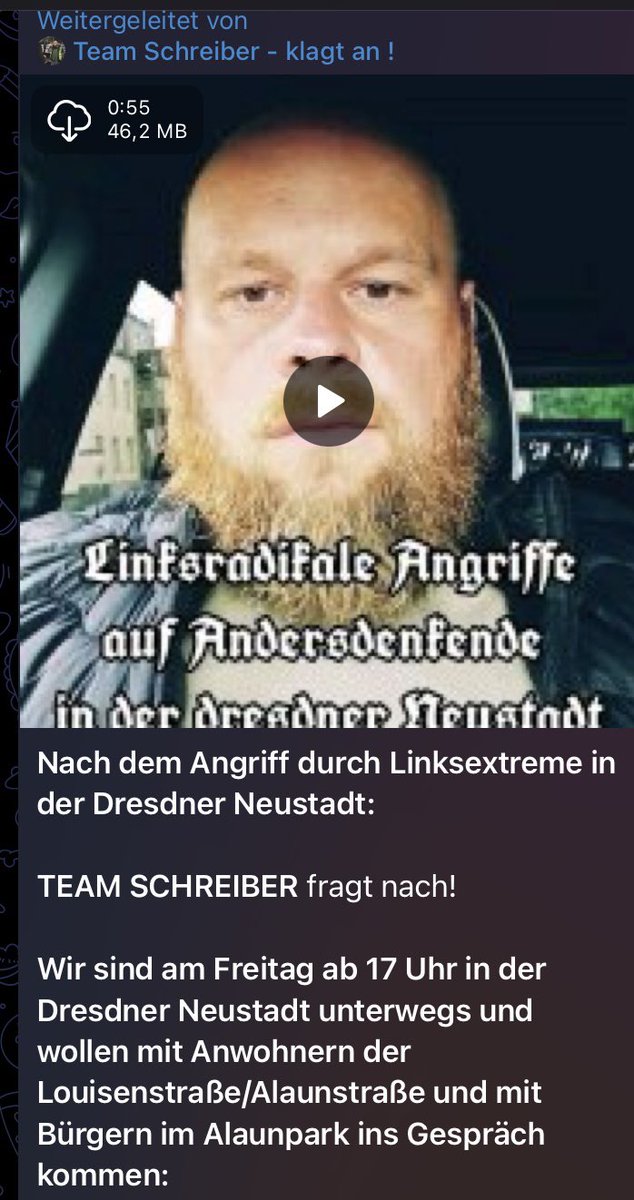 Der Neonazi #MaxSchreiber und die #FreienSachsen mobilisieren für Freitag, 08.08. ab 17:00 Uhr in #Dresden zu Aktionen im Stadtteil Neustadt und rund um den Alaunpark/Louisenstraße. Sie fantasieren linksextreme Gewalt herbei, gegen die man jetzt vorgehen müsste. #dd0808