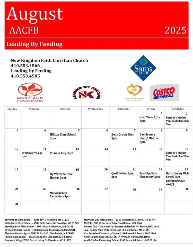 Here is the Leading by Feeding calendar for the month of August.