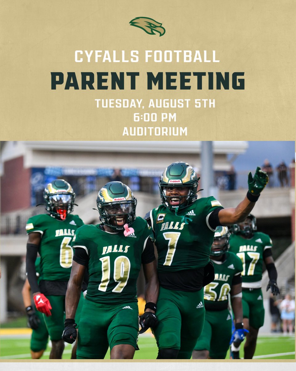 CyFalls Football (@cyfallsfb) on Twitter photo Football parent meeting is tonight at 6:00 in the auditorium.  Please donate a ream of copy paper to our athletic department.
See you tonight! Football parent meeting is tonight at 6:00 in the auditorium.  Please donate a ream of copy paper to our athletic department.
See you tonight!