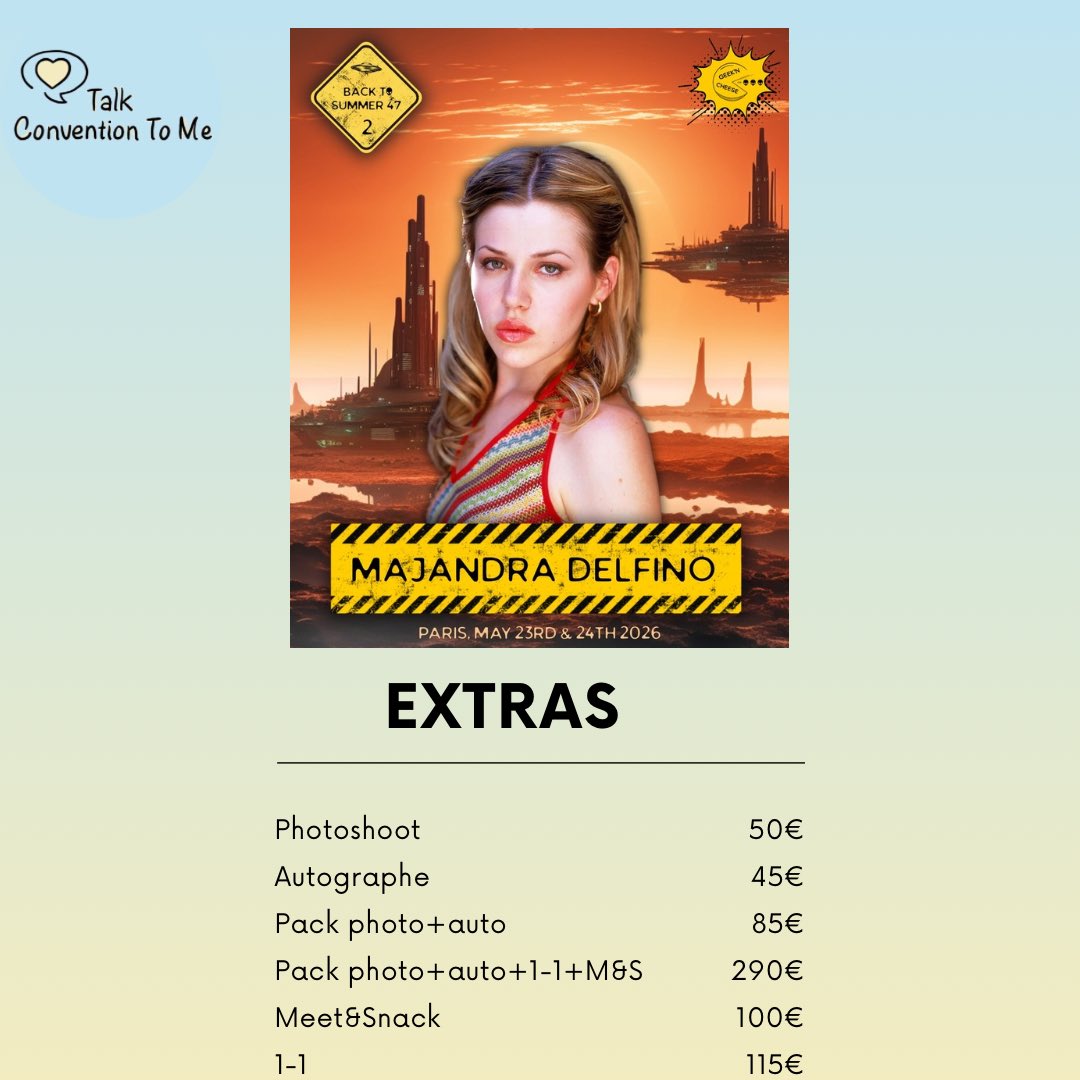 Talk Convention To Me (@talkconvtome) on Twitter photo Majandra Delfino est la 5º guest pour la convention #BTS47 2 les 23 & 24 Mai 2026 à Paris avec <a href="/GeeknCheese/">Geek'n Cheese</a> 👽
💸: billetweb.fr/back-to-summer… Majandra Delfino est la 5º guest pour la convention #BTS47 2 les 23 & 24 Mai 2026 à Paris avec <a href="/GeeknCheese/">Geek'n Cheese</a> 👽
💸: billetweb.fr/back-to-summer…