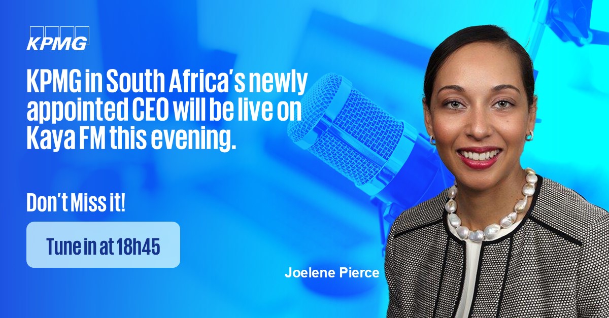 KPMG South Africa (@kpmg_sa) on Twitter photo 🎙️Tune in at 18h45 as our newly appointed CEO, Joelene Pierce, joins Gugulethu Mfuphi on <a href="/KayaOnAir/">On the street. On the air.</a> 959's Biz Show for a powerful conversation on leadership and purpose.
#KPMGProud #KayaBiz 🎙️Tune in at 18h45 as our newly appointed CEO, Joelene Pierce, joins Gugulethu Mfuphi on <a href="/KayaOnAir/">On the street. On the air.</a> 959's Biz Show for a powerful conversation on leadership and purpose.
#KPMGProud #KayaBiz