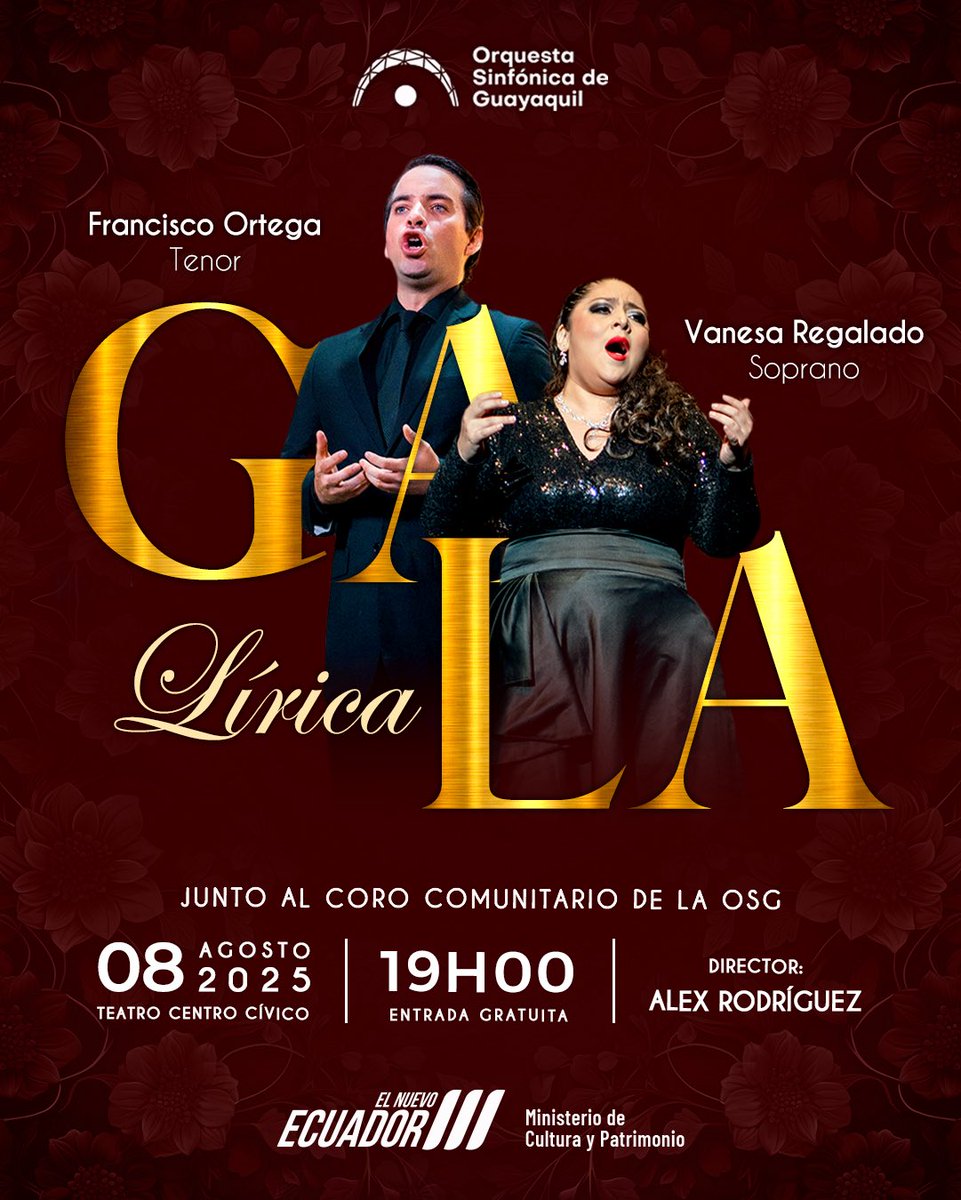 ✨ ¿Listos para una noche de emociones intensas?
Nuestra Gala Lírica te invita a vivir “Amor y desamor en la ópera”, interpretadas por Vanesa Regalado (soprano) y Francisco Ortega (tenor), con la participación del Coro Comunitario de la OSG, bajo la dirección de Alex Rodríguez🎼