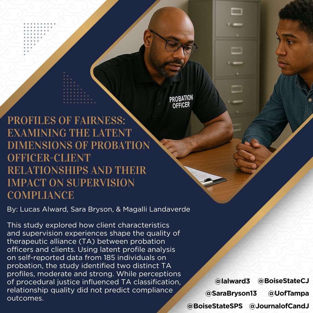 Not all probation relationships are created equal.

Check out this new article from Alward (<a href="/lalward3/">lalward</a>), Bryson (<a href="/SaraBryson13/">Sara Bryson, Ph.D.</a>), &amp; Landaverde that focuses on probation officer-client relationship.

Read the full article at the Journal of Crime and Justice: shorturl.at/L8D7r