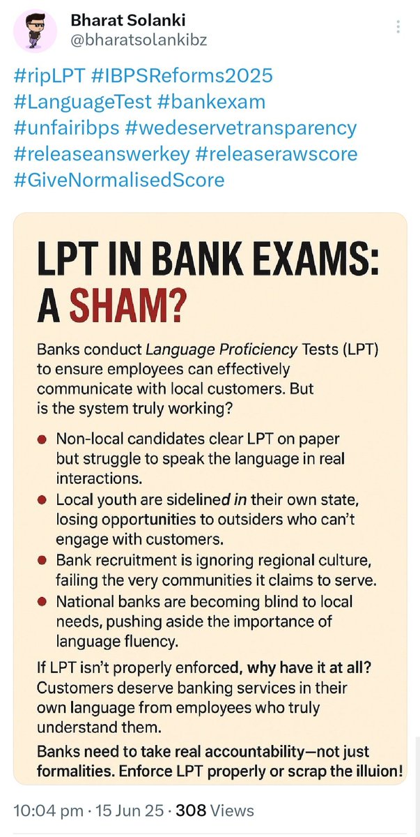 bharatsolankibz's tweet image. 🚨 Power of a Strong Tweet Campaign 💥
One tweet can be ignored.
But a series of sharp, fact-based, bold tweets builds pressure, grabs attention &amp;amp; forces change!

🔥 From exposing LPT failures
✊ To demanding IBPS reforms

#IBPSReforms2025 #IBPS #SBI
#LanguageTest #bankexam #LLPT