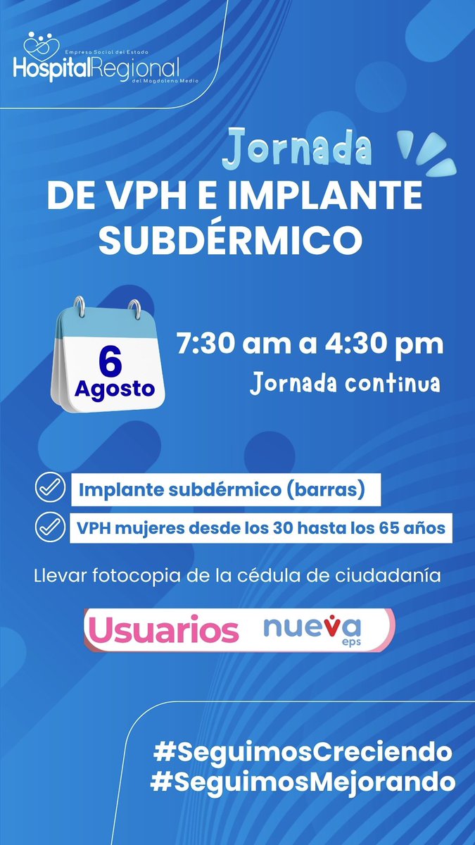 🚨Atención🚨
Junto a la <a href="/NuevaEPS_/">NUEVA EPS</a> realizaremos una jornada especial para promover la salud sexual y reproductiva de nuestra comunidad. Te esperamos SIN CITA PREVIA. Recuerda cuidar de ti y de tu futuro.
<a href="/giovannyrubiano/">Giovanny Rubiano MD</a> <a href="/Supersalud/">Supersalud</a> <a href="/infopresidencia/">Presidencia Colombia 🇨🇴</a> <a href="/MinSaludCol/">MinSalud Colombia 🇨🇴</a> <a href="/LuisTorreSalud/">Luis Torres Castro - .</a>