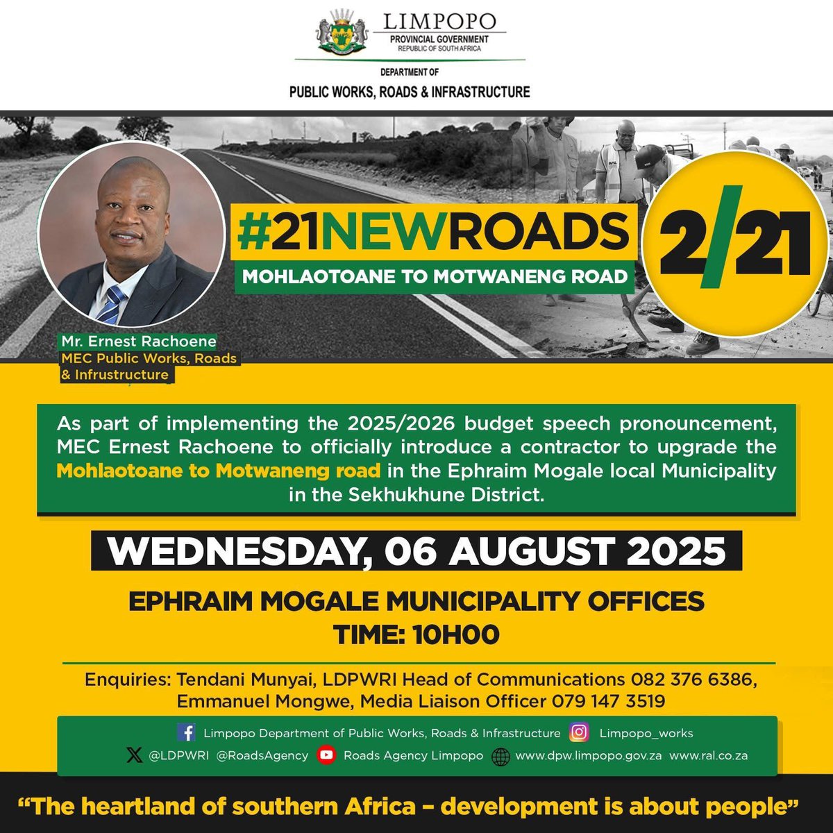 𝙢𝙞𝙯𝙖𝙧 (@mizar_rr) on Twitter photo Service delivery continues! MEC Tony Rachoene introduces the second contractor in the #21NewRoads rollout today, ensuring that rural and peri-urban areas also benefit from quality roads infrastructure. #TonyRachoene <a href="/LDPWRI/">Limpopo Department of Public Works, Roads & Infra</a> Service delivery continues! MEC Tony Rachoene introduces the second contractor in the #21NewRoads rollout today, ensuring that rural and peri-urban areas also benefit from quality roads infrastructure. #TonyRachoene <a href="/LDPWRI/">Limpopo Department of Public Works, Roads & Infra</a>