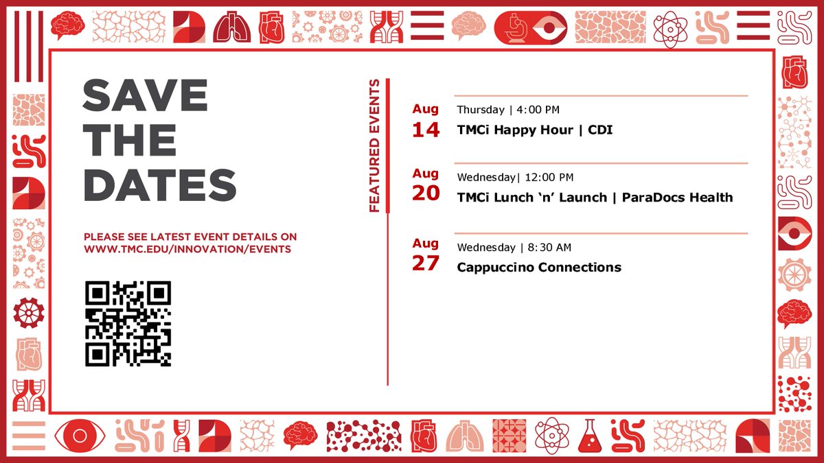 Exciting events this month at TMC Innovation! Join us to connect, learn, and grow your network. 

August 14 - Happy Hour @ CDI
August 20 - Lunch n' Launch @ TMC Innovation
August 27 - Cappuccino Connections @ TMC Innovation

Stay tuned for more!
#TMCInnovation #Networking