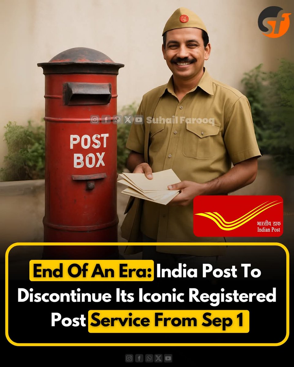 the 50-year-old iconic Registered Post service by India Post will be phased out, starting September 1, 2025.

<a href="/IndiaPostOffice/">India Post</a>