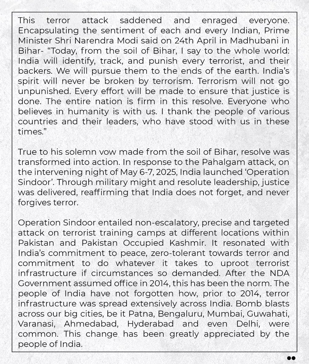Vinod Tawde (@tawdevinod) on Twitter photo ये नया भारत है जो छेड़ने वालों को छोड़ता नहीं है...
NDA संसदीय दल ने हमारी सेनाओं के अतुलित पराक्रम, प्रधानमंत्री <a href="/narendramodi/">Narendra Modi</a> जी की दृढ़ प्रतिज्ञा व नेतृत्व तथा आतंकवाद के विरुद्ध भारत के संकल्प को नमन किया।
पहलगाम हमले की नृशंसता को कभी भुलाया नहीं जाएगा। भारत के ऑपेरशन ये नया भारत है जो छेड़ने वालों को छोड़ता नहीं है...
NDA संसदीय दल ने हमारी सेनाओं के अतुलित पराक्रम, प्रधानमंत्री <a href="/narendramodi/">Narendra Modi</a> जी की दृढ़ प्रतिज्ञा व नेतृत्व तथा आतंकवाद के विरुद्ध भारत के संकल्प को नमन किया।
पहलगाम हमले की नृशंसता को कभी भुलाया नहीं जाएगा। भारत के ऑपेरशन