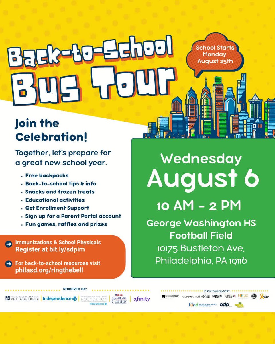 CouncilwomanKGR's tweet image. Back-to-School Bus Tour Mega-Event

🗓️Wednesday, August 6 | 10am-2pm

📍George Washington High School Football Field, 10175 Bustleton Ave, Philadelphia, PA 19116

🎒Get a free backpack &amp;amp; all your back-to-school needs! Learn more at: philasd.org/ringthebell

#SDPBusTour…