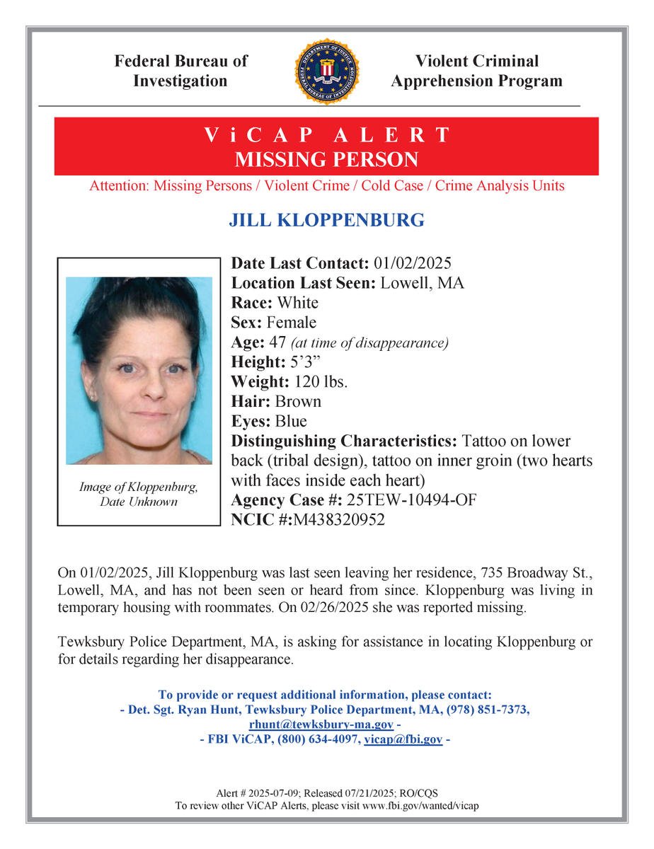 LowellPD's tweet photo. Missing Person Alert: On 01/02/2025, Jill Kloppenburg was last seen leaving her residence, 735 Broadway St.,
Lowell, MA, and has not been seen or heard from since. 

Please call the LPD at 978-937-3200 with any information.

LPD10 https://t.co/pbeTiqDYna