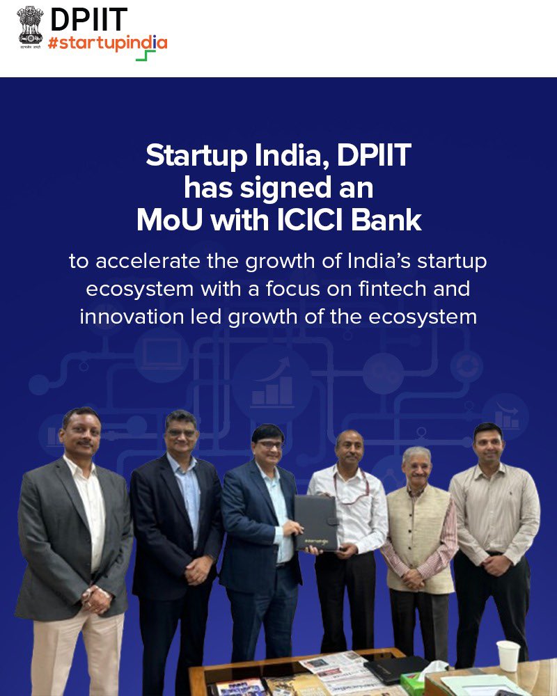 Startup India (@startupindia) on Twitter photo Startup India, DPIIT has signed an MoU with ICICI Bank to accelerate the growth of India’s startup ecosystem with a focus on fintech and innovation led growth of the ecosystem!
Through this MoU, <a href="/ICICIBank/">ICICI Bank</a> will launch their dedicated Startup Engagement Program on the Startup Startup India, DPIIT has signed an MoU with ICICI Bank to accelerate the growth of India’s startup ecosystem with a focus on fintech and innovation led growth of the ecosystem!
Through this MoU, <a href="/ICICIBank/">ICICI Bank</a> will launch their dedicated Startup Engagement Program on the Startup