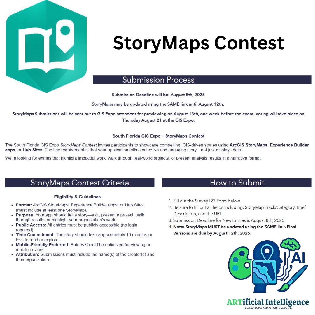 Got a great StoryMap?
Enter our contest and put your work on the map at the South Florida GIS Expo!

…a-gis-expo-pbcgisforum.hub.arcgis.com/pages/story-map

#GIS #SFGISExpo #PBCGISForum