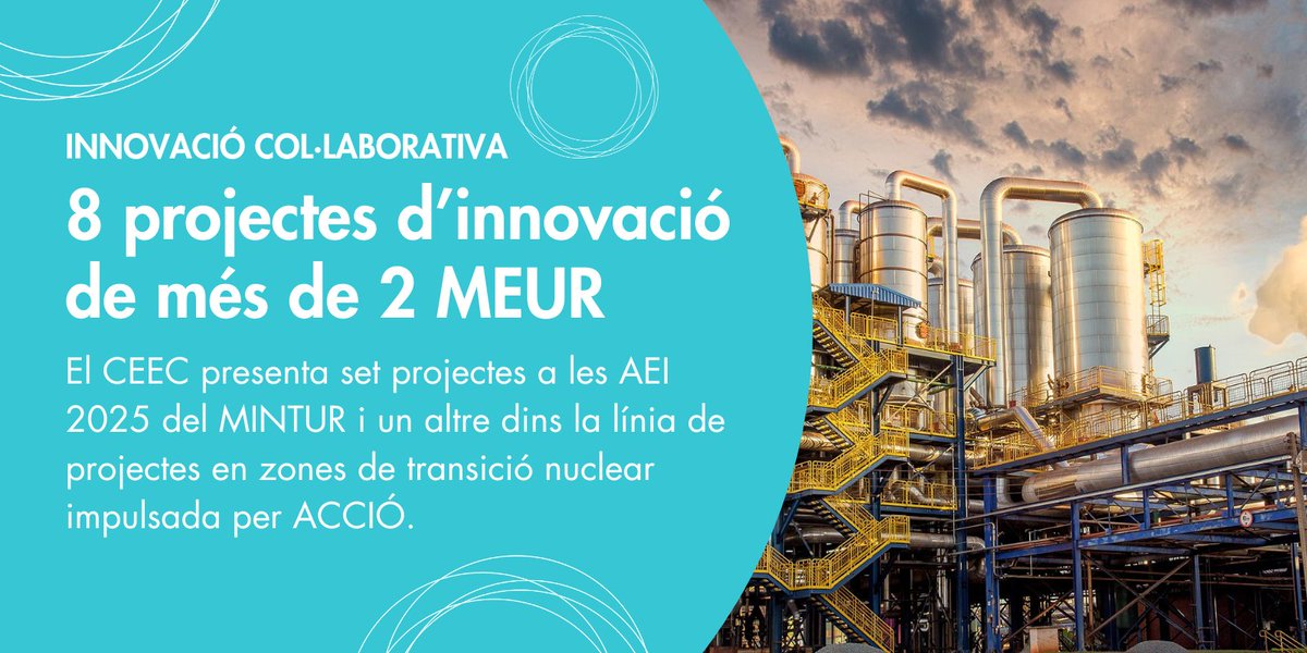 Clúster de l'Energia Eficient de Catalunya (@clusteree) on Twitter photo Presentem 8 projectes d'R+D de més de 2 MEUR 🚀
El <a href="/clusterEE/">Clúster de l'Energia Eficient de Catalunya</a> ha presentat 8 projectes estratègics d’innovació amb un pressupost superior a 2 MEUR! 👇
🔹 7 projectes a la convocatòria d’Agrupacions Empresarials Innovadores (AEI) del <a href="/minturgob/">Ministerio de Industria y Turismo</a>.
🔹 1 projecte a la línia de zones Presentem 8 projectes d'R+D de més de 2 MEUR 🚀
El <a href="/clusterEE/">Clúster de l'Energia Eficient de Catalunya</a> ha presentat 8 projectes estratègics d’innovació amb un pressupost superior a 2 MEUR! 👇
🔹 7 projectes a la convocatòria d’Agrupacions Empresarials Innovadores (AEI) del <a href="/minturgob/">Ministerio de Industria y Turismo</a>.
🔹 1 projecte a la línia de zones