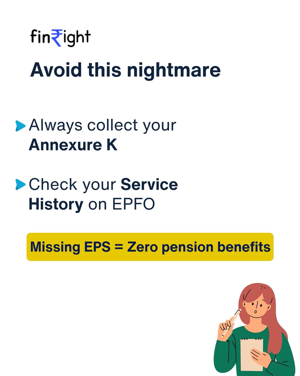 FinRight's tweet photo. PF transfer mistake can cost you your pension benefits.

Don’t let it happen! Always transfer your PF and EPS service history with Annexure K to protect your retirement savings.

#PFTransfer #AnnexureK #EPFO #PensionBenefits #FinRight #AskFinRight https://t.co/w6B0eeZNyU