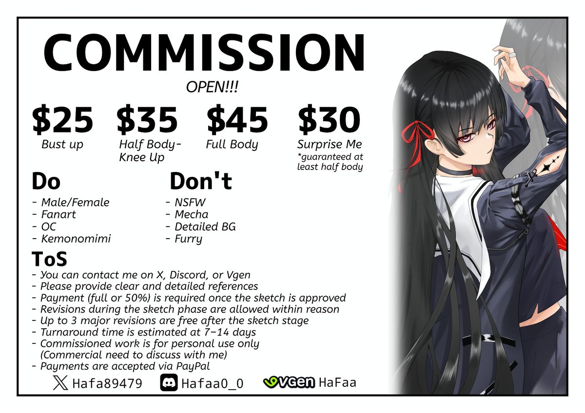 RTs are very appreciated ✨
Just updated my commission prices after reviewing past work and feedback from friends
As a thank-you, I’m offering $5 off on VGen (limited time)
Surprise Me is still $23 on VGen—limited slots before the new price applies!
#VGenOpen #commissionopen