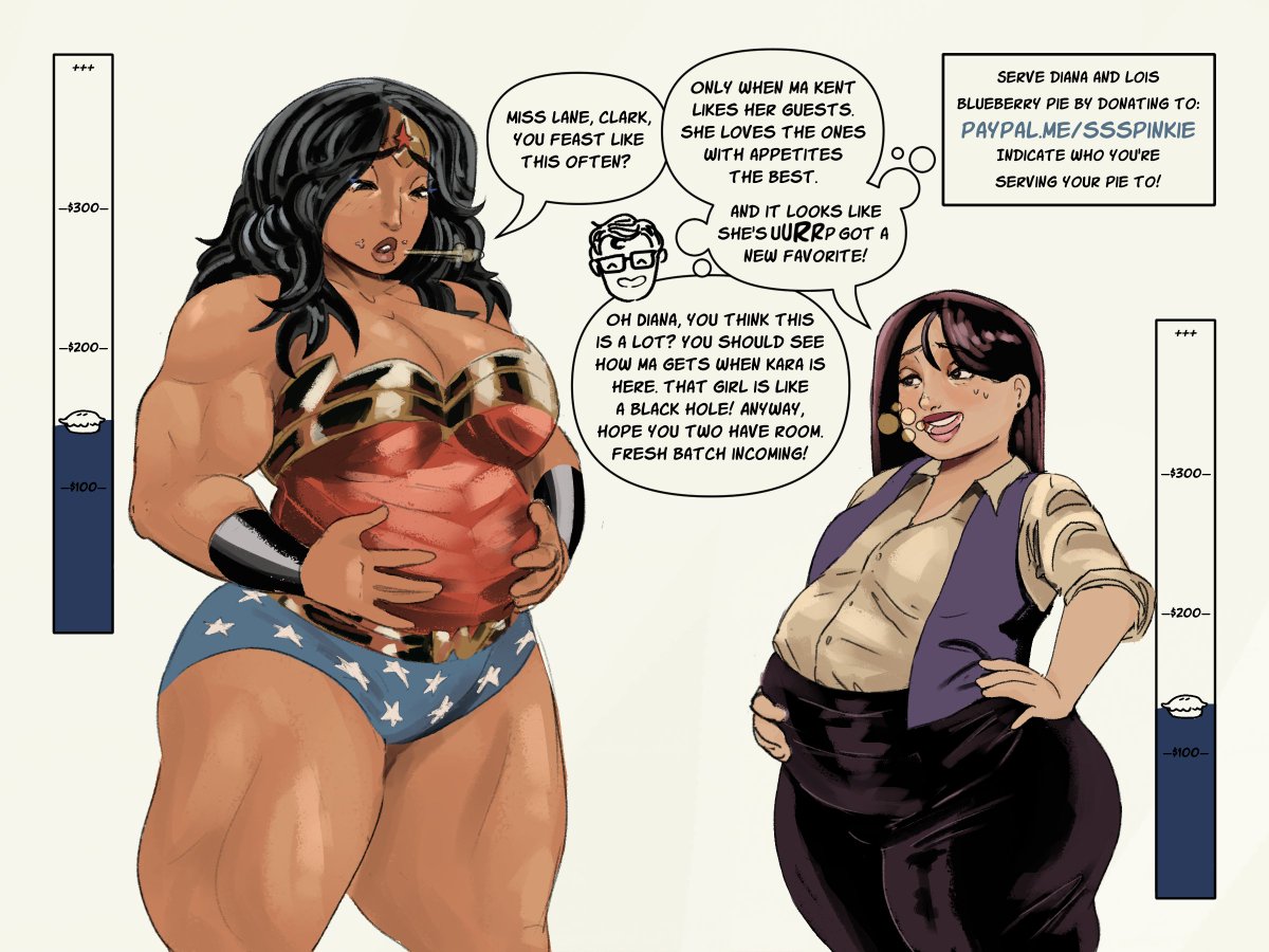 🥧SUPER PIE STUFFING PART 2🥧
Diana doesn't recall even the Amazonians devouring this much food in a sitting, but judging from Lois' figure lately, this isn't new for her or Ma Kent.
Serve pies to Diana or Lois, stuffing updates when milestones are reached!