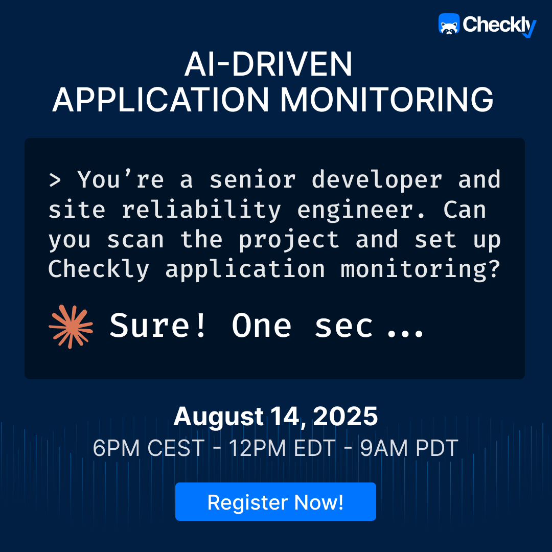 Setting up comprehensive monitoring used to mean hours of clicking through dashboards and writing configuration files. Monitoring as Code made it faster. AI is now making it lightning fast ✨🚀

Register for our webinar here: checklyhq.com/webinars/ai-dr…

August 14 | 6PM CEST - 12PM