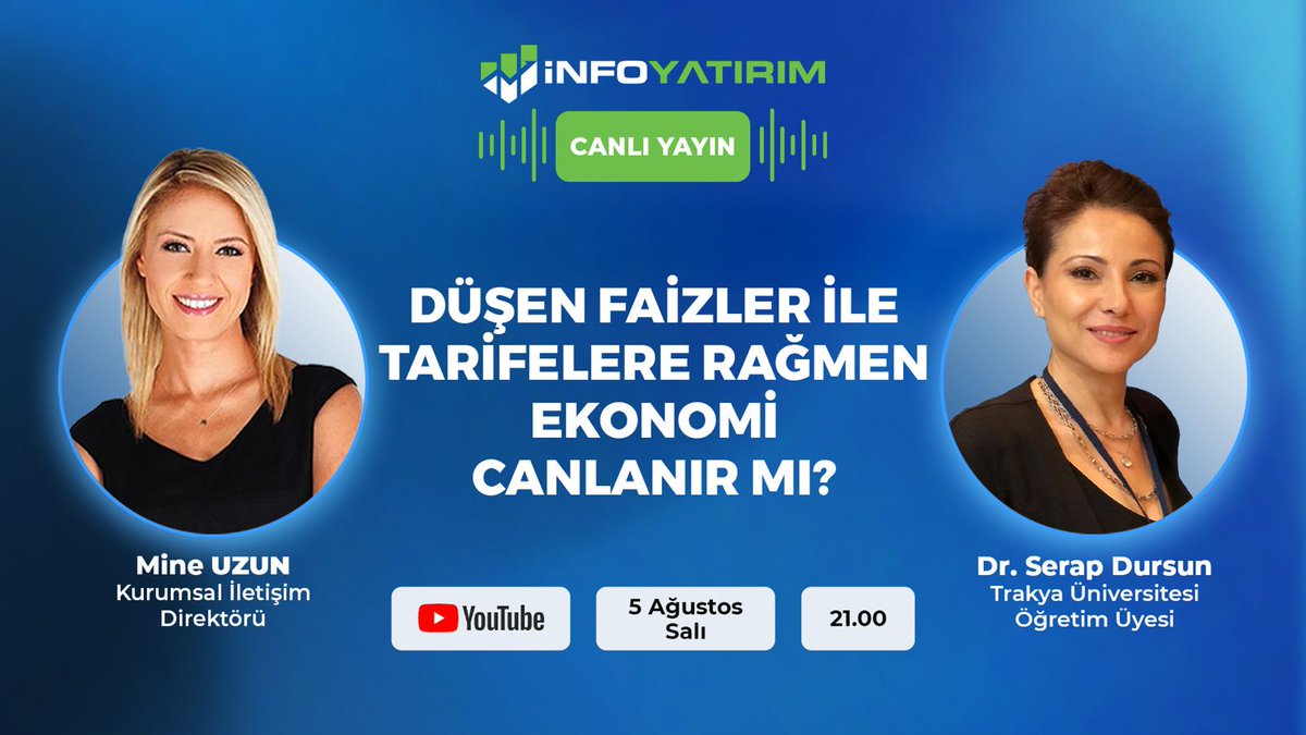 İnfo Yatırım Menkul Değerler (@infoyatirim) on Twitter photo YouTube kanalımızda bu akşam Trakya Üniversitesi Öğretim Üyesi Dr. Serap Dursun <a href="/SerapDrsun/">Serap Dursun</a> , Kurumsal İletişim Direktörümüz Mine Uzun <a href="/mneuzunyol/">Mine Uzun 🦋</a> moderatörlüğünde ekonomideki güncel gelişmeler hakkında konuşacak.
21.00'daki canlı yayın için:
youtube.com/live/g_xsL74vt… YouTube kanalımızda bu akşam Trakya Üniversitesi Öğretim Üyesi Dr. Serap Dursun <a href="/SerapDrsun/">Serap Dursun</a> , Kurumsal İletişim Direktörümüz Mine Uzun <a href="/mneuzunyol/">Mine Uzun 🦋</a> moderatörlüğünde ekonomideki güncel gelişmeler hakkında konuşacak.
21.00'daki canlı yayın için:
youtube.com/live/g_xsL74vt…