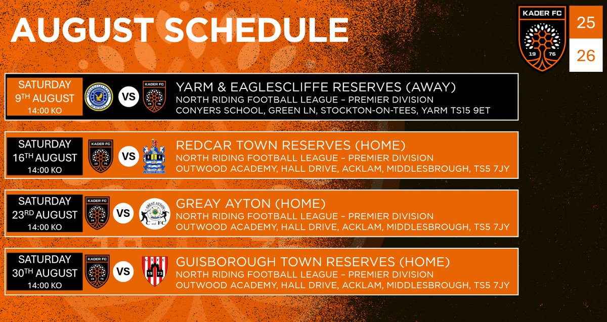Kader FC Mens First Team (@kadermens) on Twitter photo With our pre-season games now out of the way it's time to look ahead to the opening month of the <a href="/NRFLOfficial/">North Riding League</a> league which gets underway this coming Saturday.
<a href="/Kader_FC/">Kader Football Club</a> With our pre-season games now out of the way it's time to look ahead to the opening month of the <a href="/NRFLOfficial/">North Riding League</a> league which gets underway this coming Saturday.
<a href="/Kader_FC/">Kader Football Club</a>